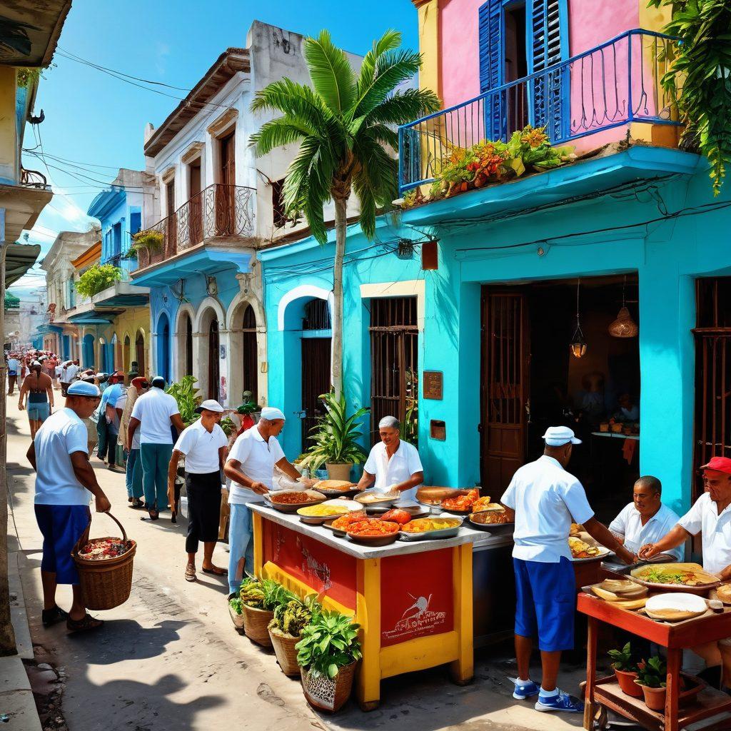 A colorful Cuban street scene bustling with locals, showcasing vibrant murals and traditional architecture. Include a local chef preparing a classic Cuban dish at an outdoor stall, surrounded by people enjoying the lively atmosphere. Add elements like tropical plants and music notes to capture the essence of community and cuisine. super-realistic. vibrant colors. 3D.