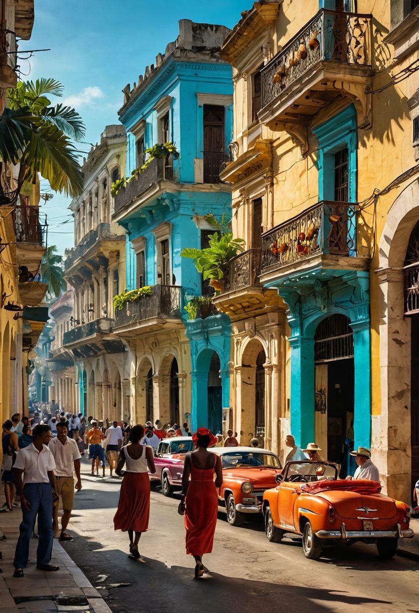A vibrant street scene in Havana, Cuba, showcasing colorful colonial architecture, bustling local markets filled with fresh tropical fruits, and people enjoying traditional Cuban cuisine at outdoor cafes. Capture the essence of Cuban culture with lively music and dancers in the background. sunlit atmosphere. super-realistic. vibrant colors.