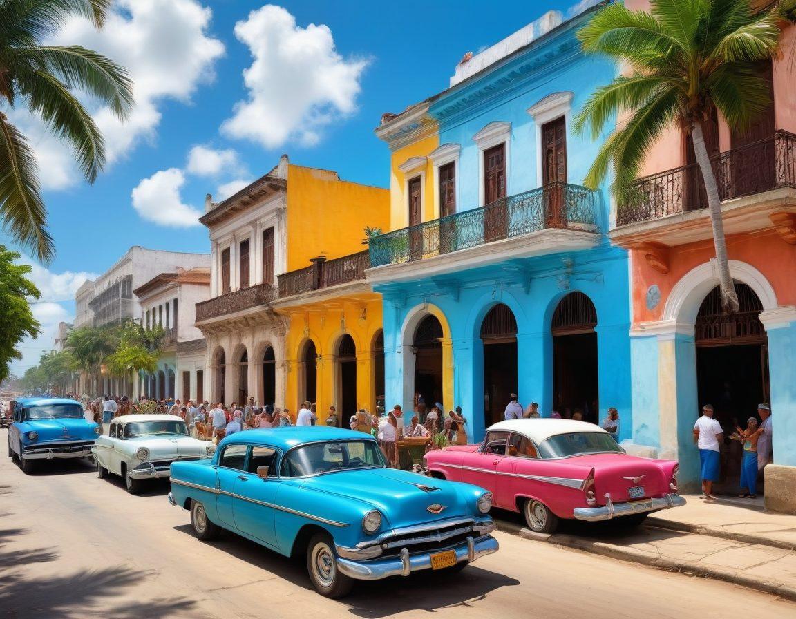 A scenic view of a colorful Cuban street bustling with locals, featuring traditional architecture, lush palm trees, and vintage cars. In the foreground, a couple of tourists are enjoying a local dish at a vibrant street cafe, while artists paint murals depicting Cuba's rich heritage. The sky is bright blue with soft white clouds adding to the tropical vibe. super-realistic. vibrant colors. 3D.